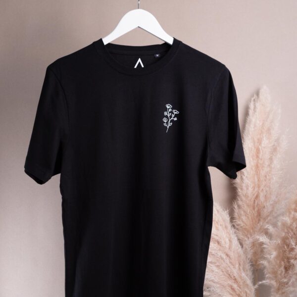 Schwarzes Unisex T-Shirt mit schwarzem Blumenmotiv