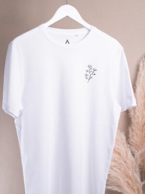Weißes Unisex T-Shirt mit schwarzem Blumenmotiv