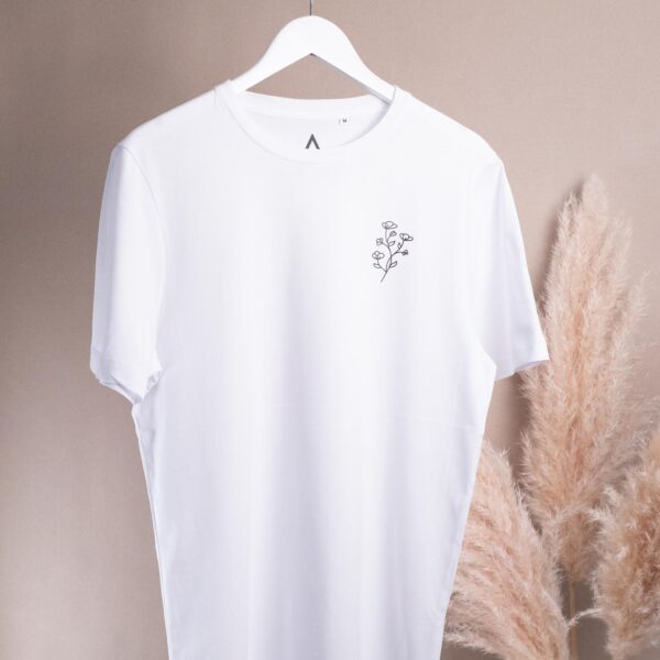 Weißes Unisex T-Shirt mit schwarzem Blumenmotiv